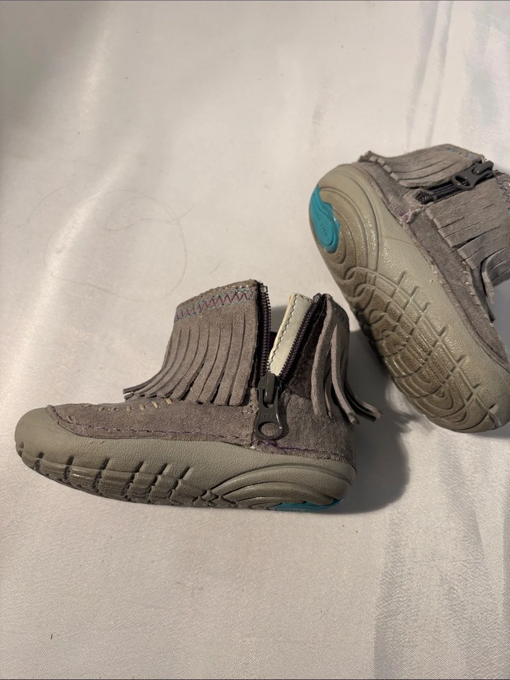 Stride Rite Gray Suede Fringe Moccasins with Purple Lining